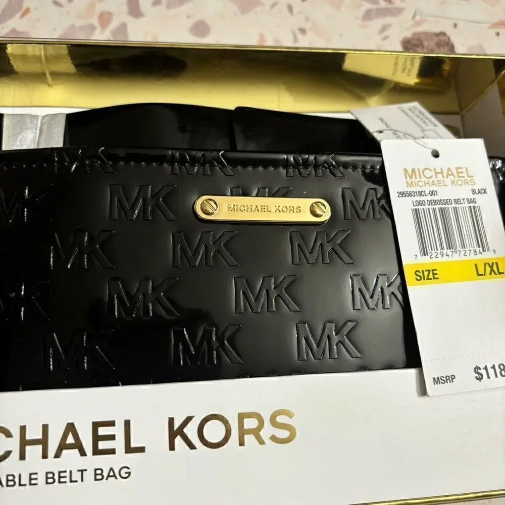Michael Kors MK Logo Debossed Adjustable Belt Bag Patent Leather Black  L/XL